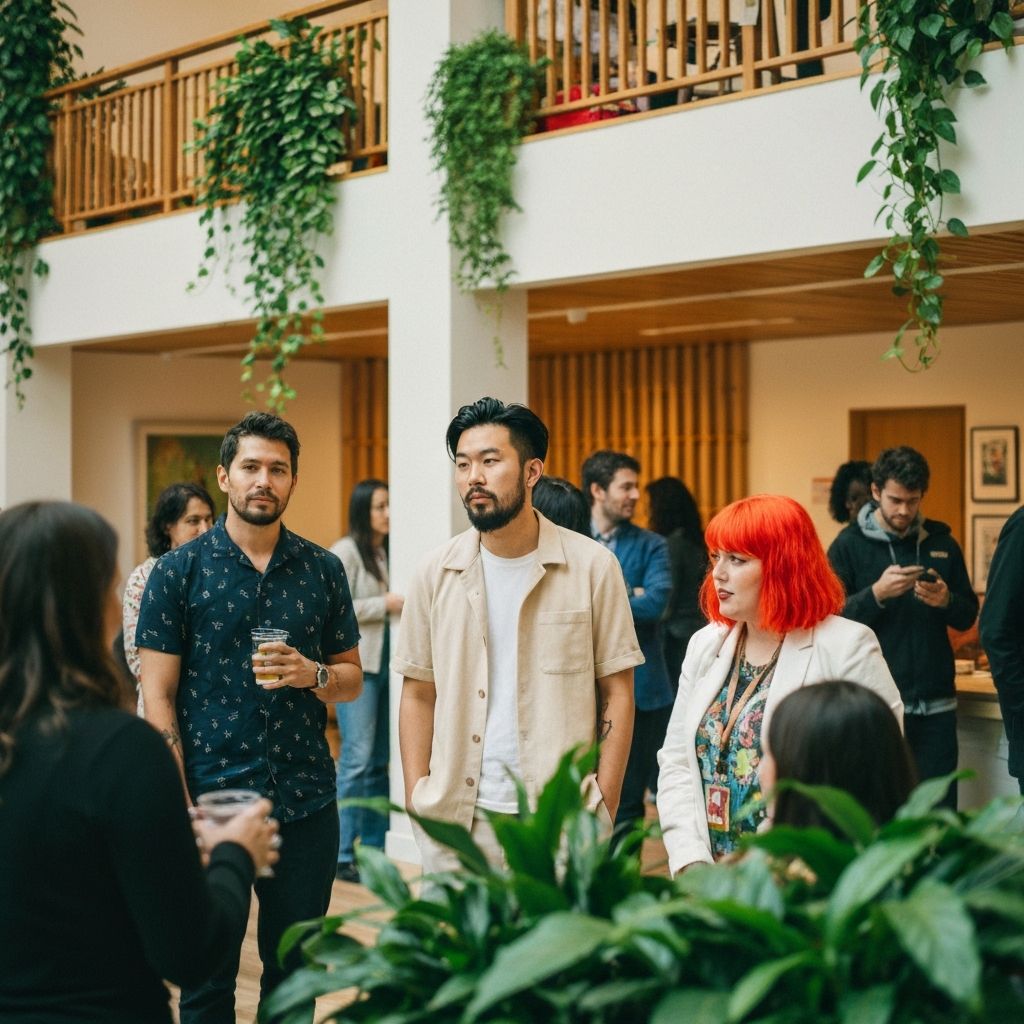 Diverse creative community gathering and connecting