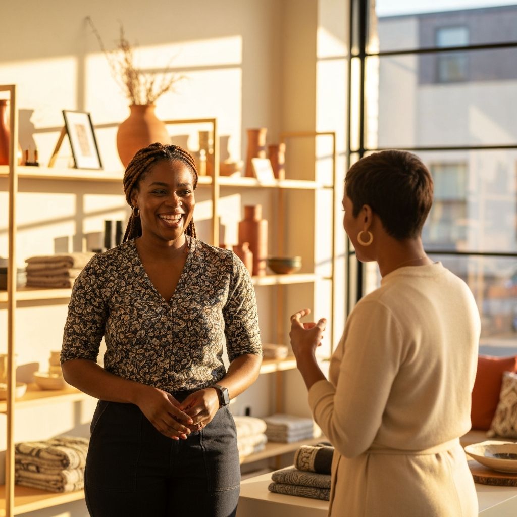 Two founders interacting in the warmly-lit TALES House retail space